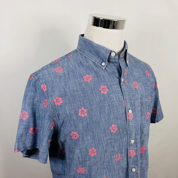Bonobos Large Slim Fit Chambray Shirt Blue Pink Floral Short Sleeve Cotton - Picture 1 of 4